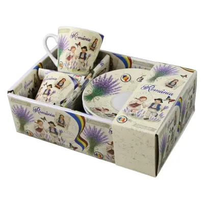 Set 2 cesti cafea cu farfurioare din ceramica, suvenir gift shop, 70 ml copii cu lavanda